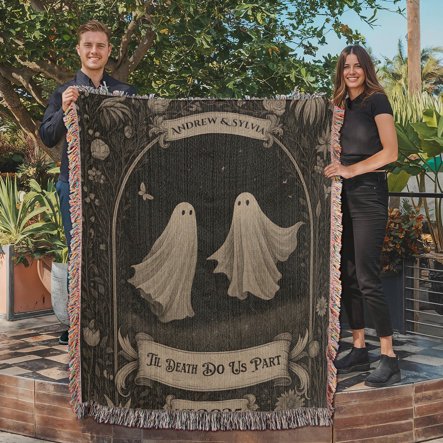 🖤 “Till Death Do Us Part” Gothic Ghost Personalized Couple Blanket – Cozy Vintage Halloween Love Throw