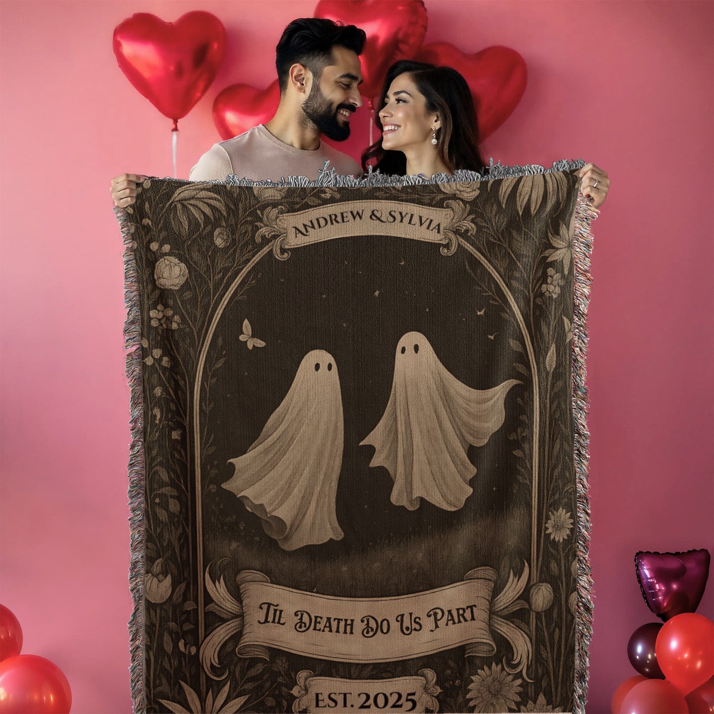 🖤 “Till Death Do Us Part” Gothic Ghost Personalized Couple Blanket – Cozy Vintage Halloween Love Throw