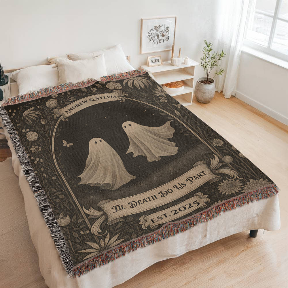 🖤 “Till Death Do Us Part” Gothic Ghost Personalized Couple Blanket – Cozy Vintage Halloween Love Throw