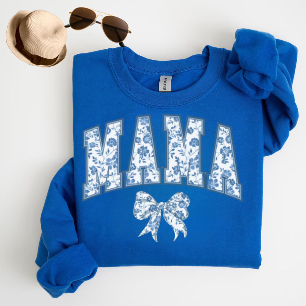Mama Sweatshirt, Blue Ribbon Shirt, Mothers Day Gift, Girly Aesthetic Gift For Mom, Cute Mom Shirt, Bow Shirt, Chinoiserie Shirt, Bow Mom