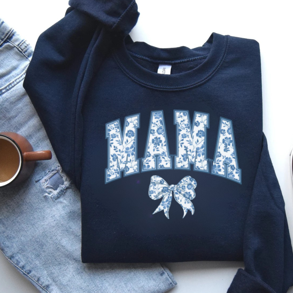 Mama Sweatshirt, Blue Ribbon Shirt, Mothers Day Gift, Girly Aesthetic Gift For Mom, Cute Mom Shirt, Bow Shirt, Chinoiserie Shirt, Bow Mom
