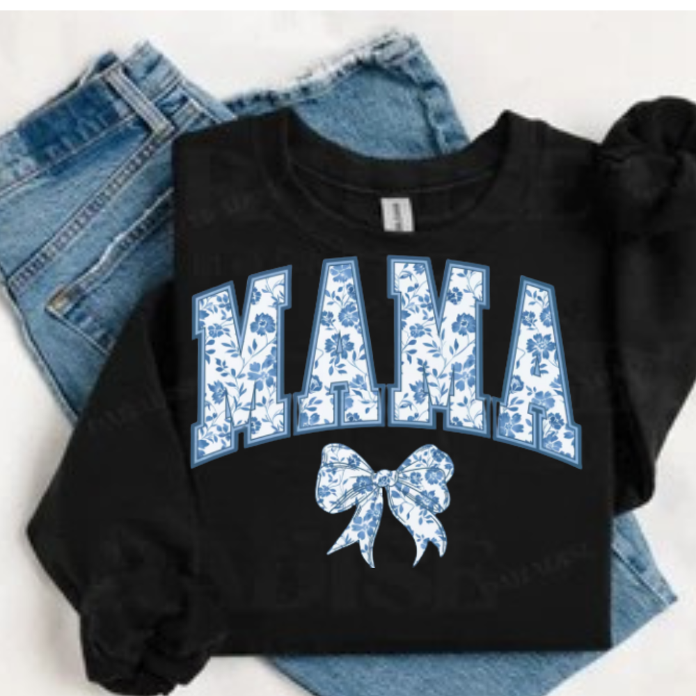 Mama Sweatshirt, Blue Ribbon Shirt, Mothers Day Gift, Girly Aesthetic Gift For Mom, Cute Mom Shirt, Bow Shirt, Chinoiserie Shirt, Bow Mom