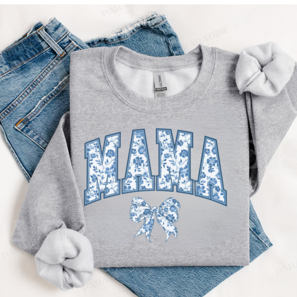 Mama Sweatshirt, Blue Ribbon Shirt, Mothers Day Gift, Girly Aesthetic Gift For Mom, Cute Mom Shirt, Bow Shirt, Chinoiserie Shirt, Bow Mom