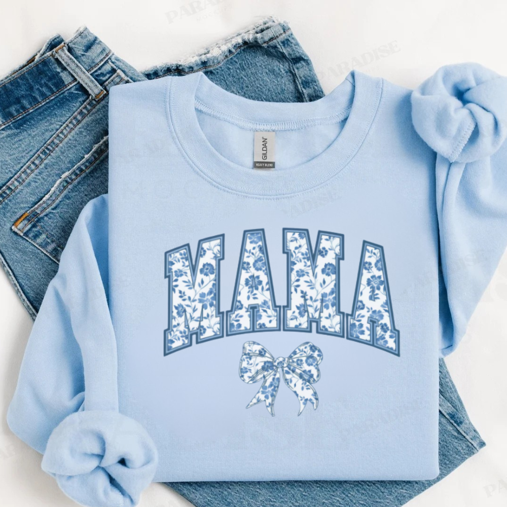Mama Sweatshirt, Blue Ribbon Shirt, Mothers Day Gift, Girly Aesthetic Gift For Mom, Cute Mom Shirt, Bow Shirt, Chinoiserie Shirt, Bow Mom