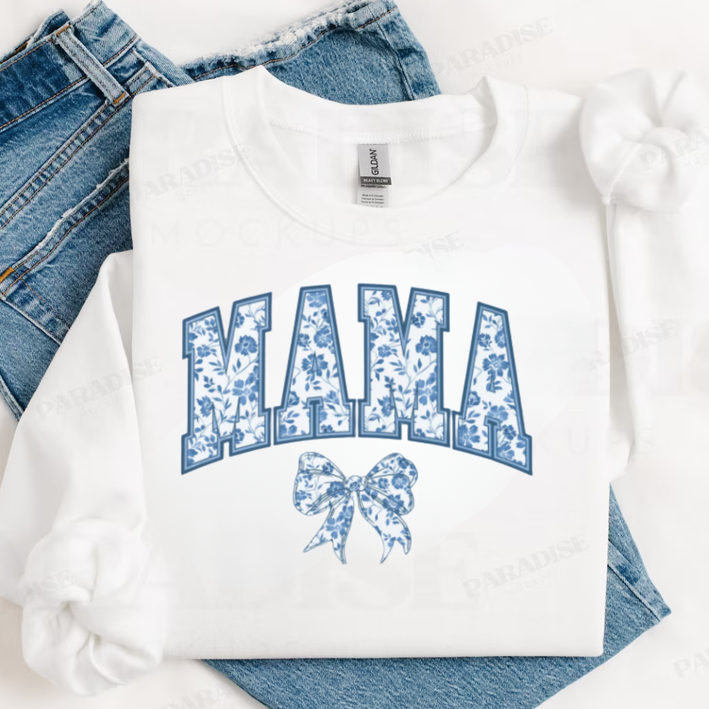Mama Sweatshirt, Blue Ribbon Shirt, Mothers Day Gift, Girly Aesthetic Gift For Mom, Cute Mom Shirt, Bow Shirt, Chinoiserie Shirt, Bow Mom