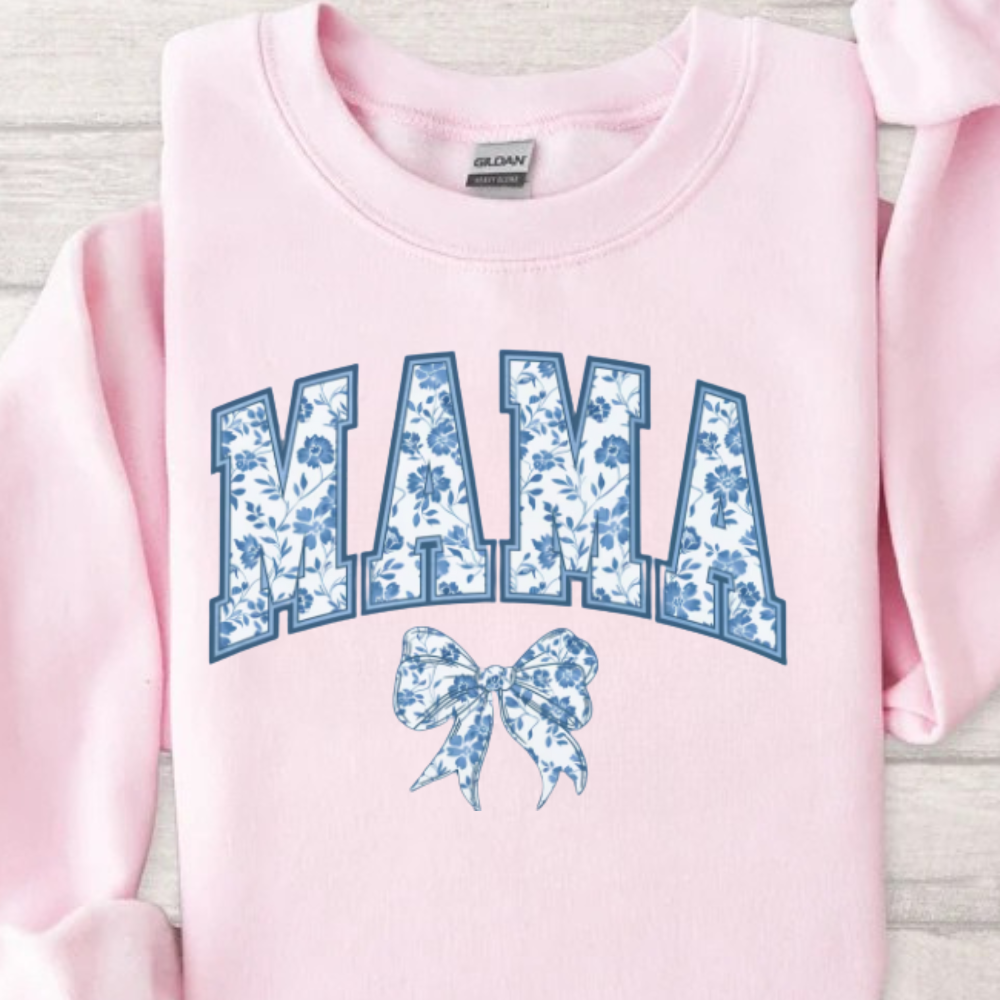 Mama Sweatshirt, Blue Ribbon Shirt, Mothers Day Gift, Girly Aesthetic Gift For Mom, Cute Mom Shirt, Bow Shirt, Chinoiserie Shirt, Bow Mom