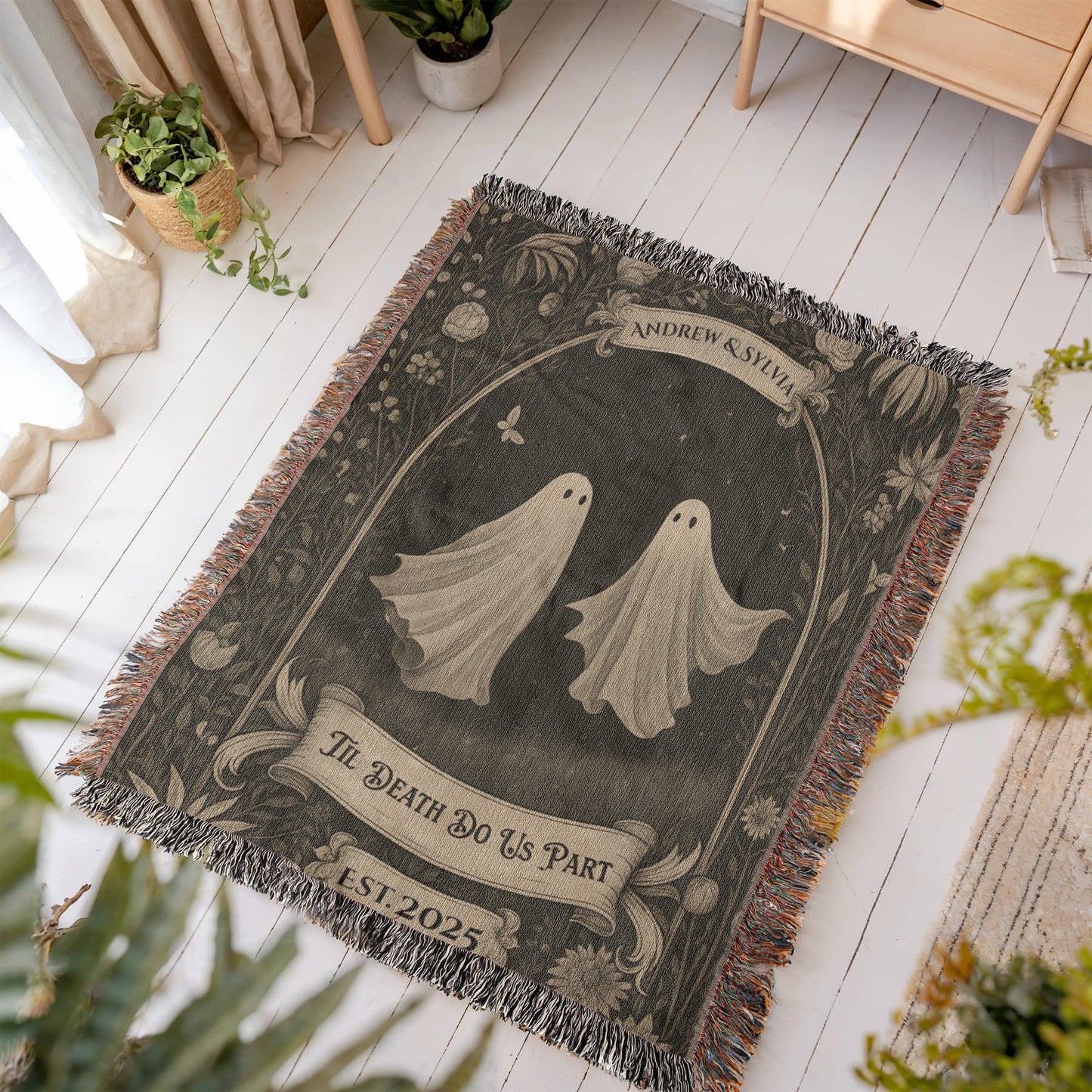🖤 “Till Death Do Us Part” Gothic Ghost Personalized Couple Blanket – Cozy Vintage Halloween Love Throw
