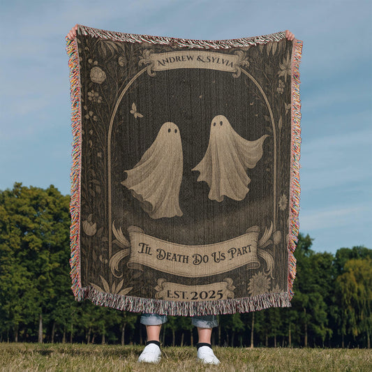 🖤 “Till Death Do Us Part” Gothic Ghost Personalized Couple Blanket – Cozy Vintage Halloween Love Throw